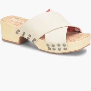 Kork-Ease Cream Mules with Wooden Platform